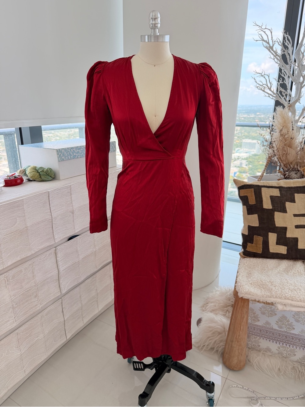 Reformation 100% Silk Elegant Red Wrap Long Midi Dress with Long Sleeves